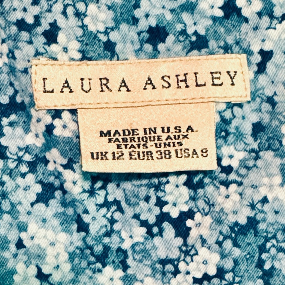 Laura Ashley Vintage Floral Blue Cotton Pleated Zip Long Dress USA 8